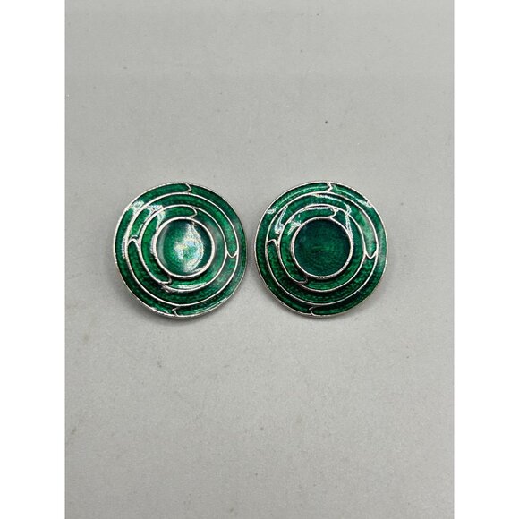 Berebi Vintage Green Enamel Silver Tone Round Clip-On Earrings 1" Diameter - Picture 2 of 6